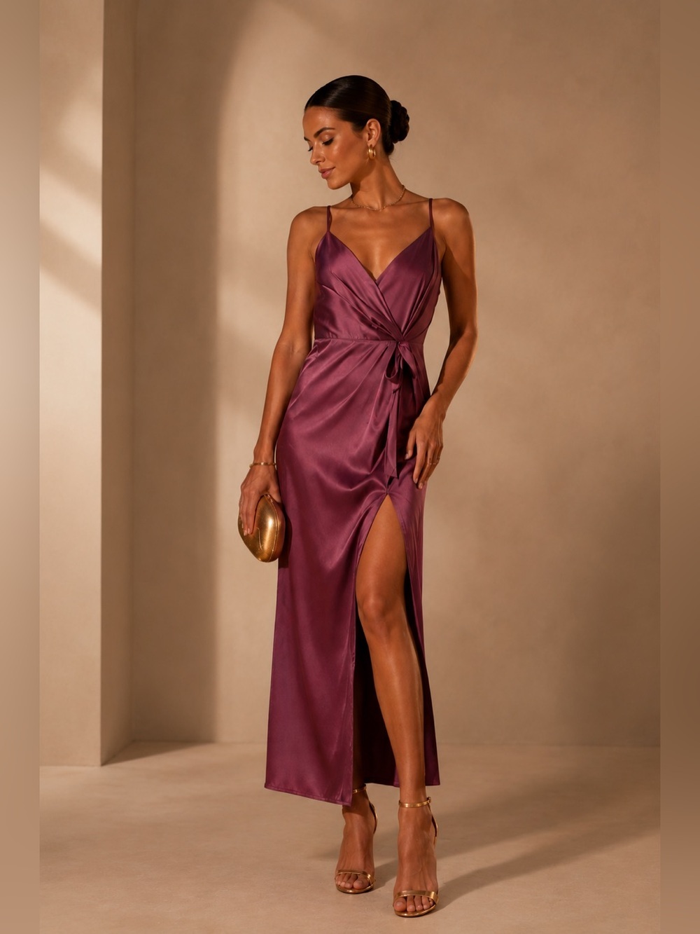 Astr the Label x Revolve | Twist Front Rose-Mauve Satin Wrap Dress - Size S